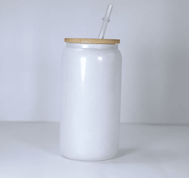 jru8osxm White Sublimation Glitter Libbey glass can with bamboo lid